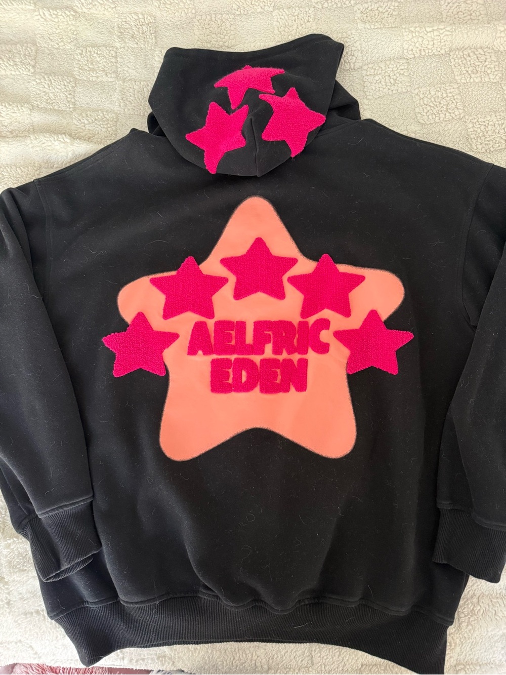 Aelfric Eden Black Hoodie with Coral Star Back Patch and Fuchsia Stars